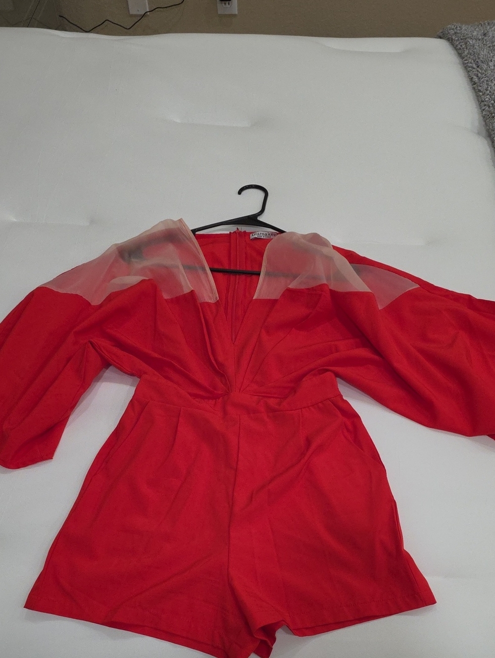 Red Women's Romper with Sheer Shoulder Detail